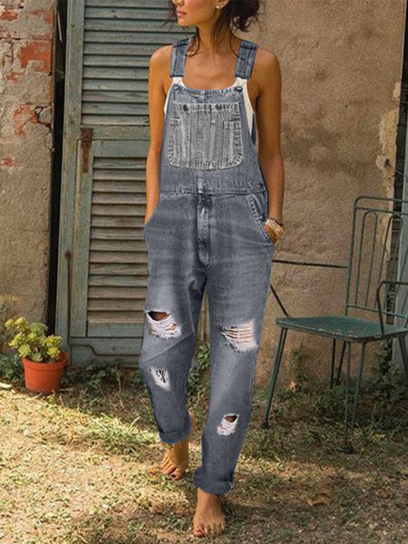 Jumpsuit Women's Fashion Denim Ripped Hole Cut Solid Color Overalls