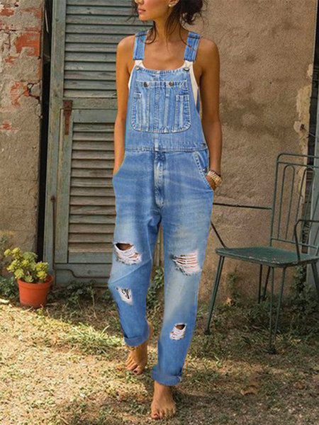 Jumpsuit Women's Fashion Denim Ripped Hole Cut Solid Color Overalls