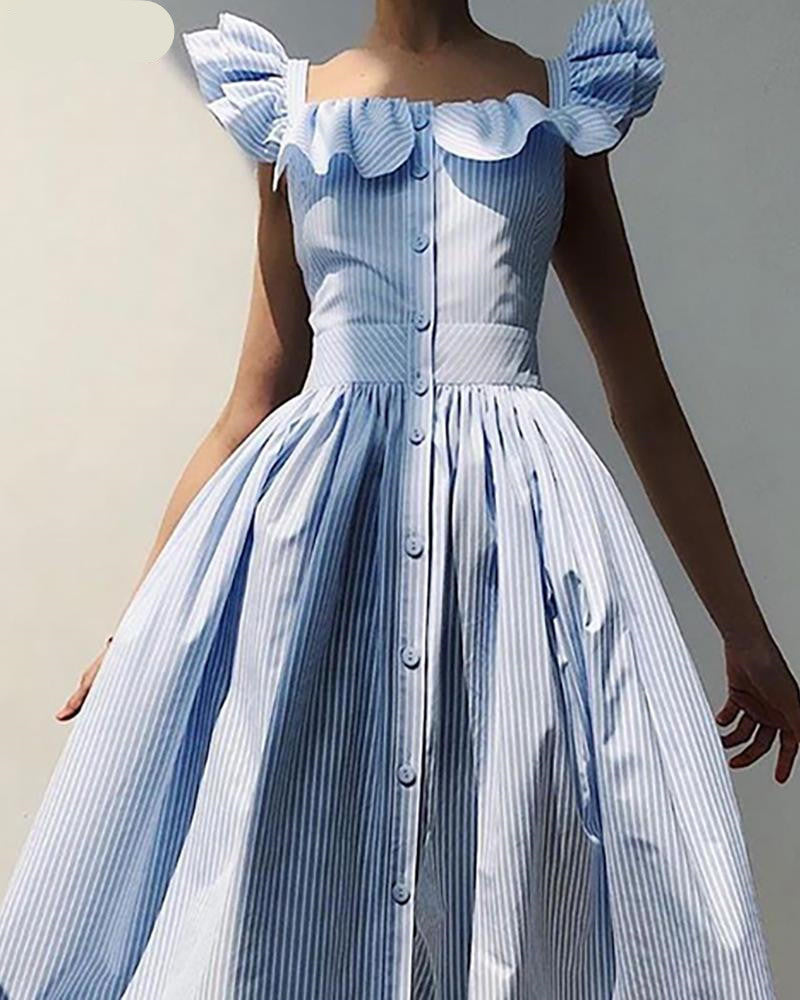 Cross-Border Striped Long Skirt with Ruffled Waist Detail