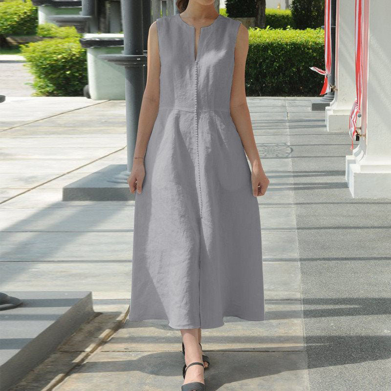 V-Neck Waistband Cotton And Linen Hem Slit Sleeveless Dress