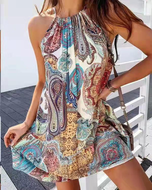 Sleeveless Printed Dress with a Short Back Skirt