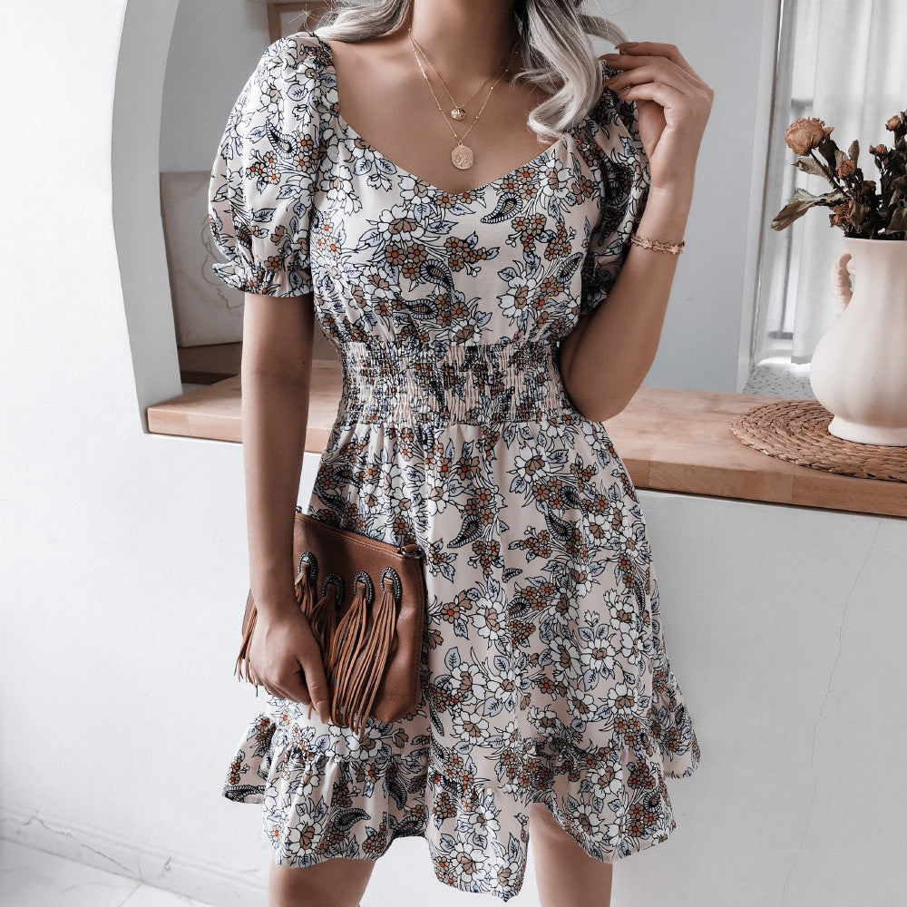 Lantern Sleeve Floral Casual Ruffle Dress