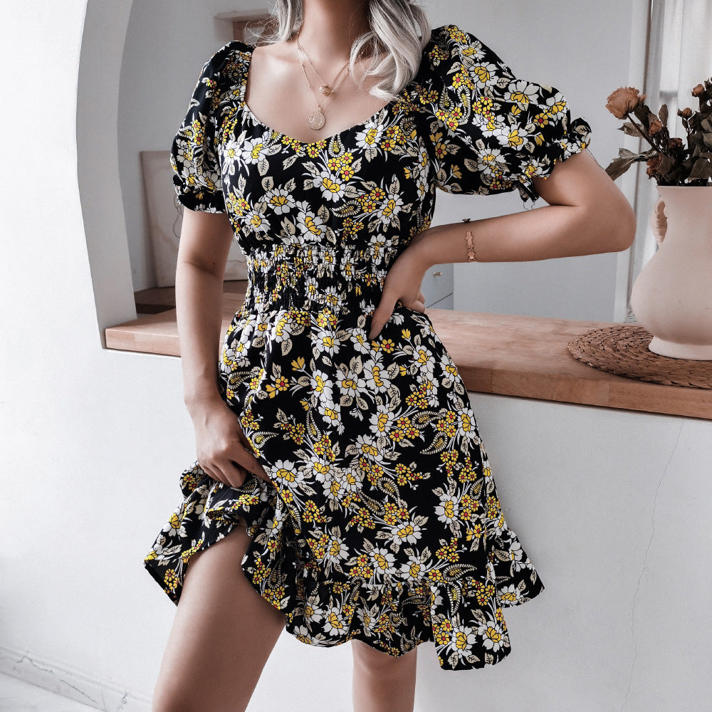 Lantern Sleeve Floral Casual Ruffle Dress