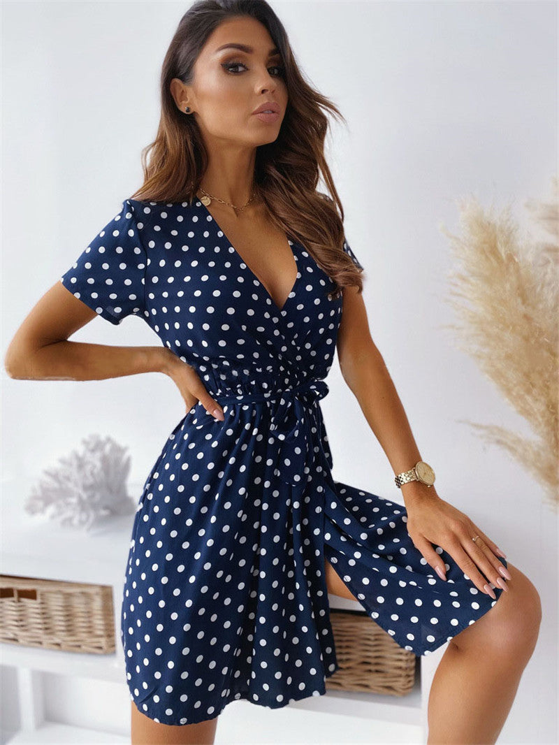 Short Sleeve Short Dress with Printed Polka Dots