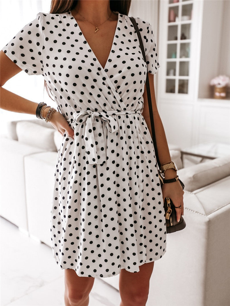 Short Sleeve Short Dress with Printed Polka Dots