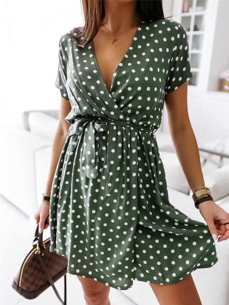 Short Sleeve Short Dress with Printed Polka Dots