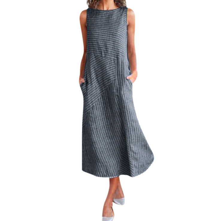 Sleeveless Maxi Dress with Casual Striped Pattern