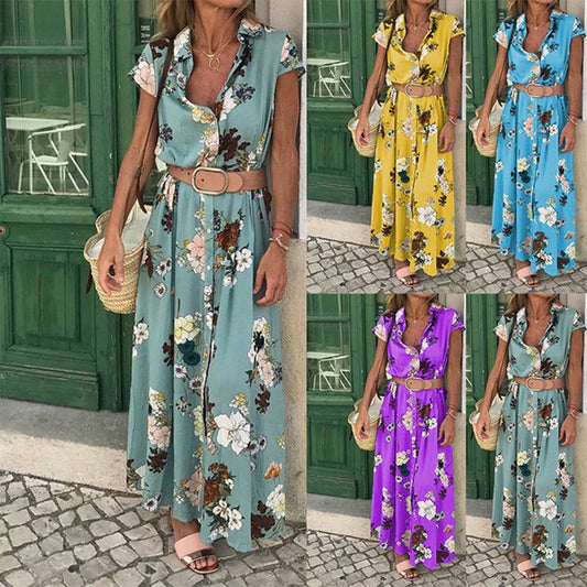 Retro Ethnic Pattern V-Neck Long Dress with Loose Belt