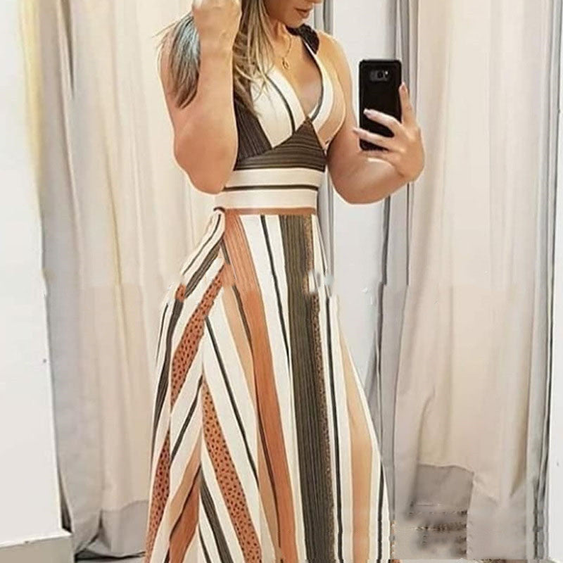 New Style Sleeveless Long Dress for Women with Striped Print and Color Matching Design