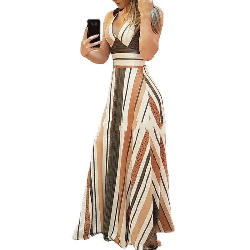 New Style Sleeveless Long Dress for Women with Striped Print and Color Matching Design