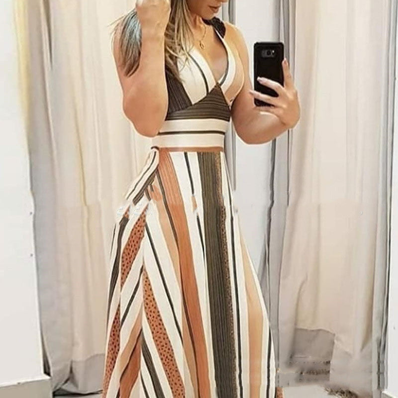 New Style Sleeveless Long Dress for Women with Striped Print and Color Matching Design