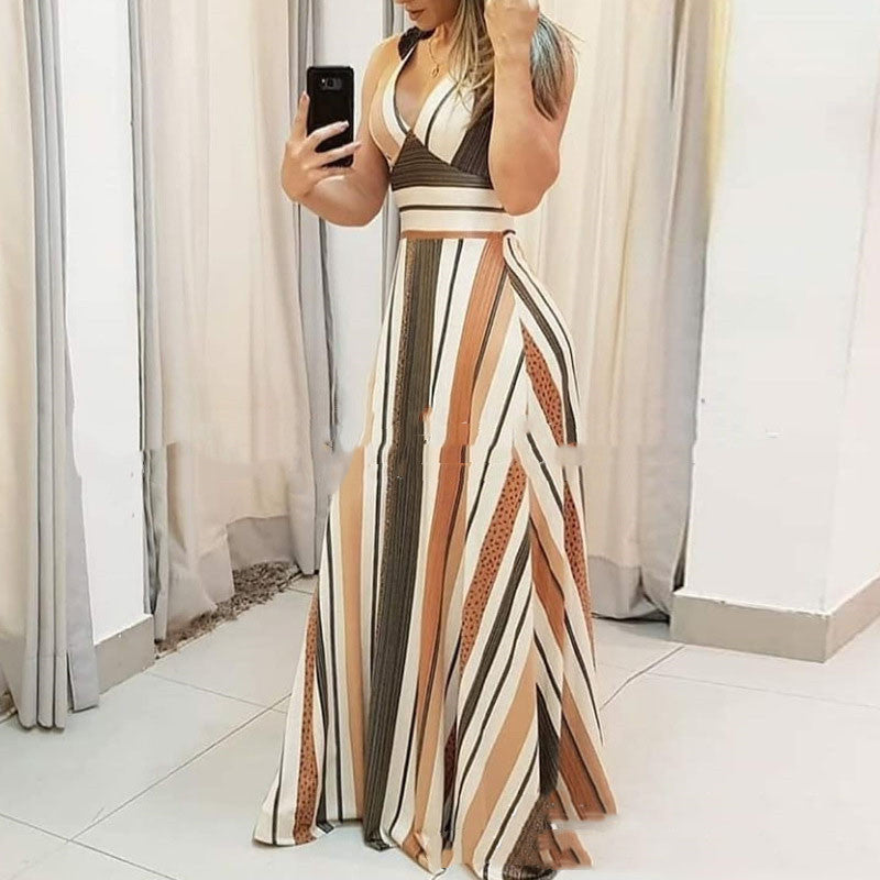 New Style Sleeveless Long Dress for Women with Striped Print and Color Matching Design