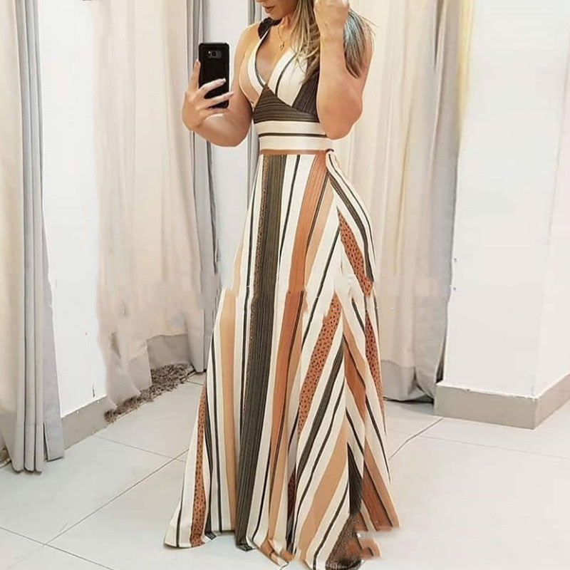 New Style Sleeveless Long Dress for Women with Striped Print and Color Matching Design