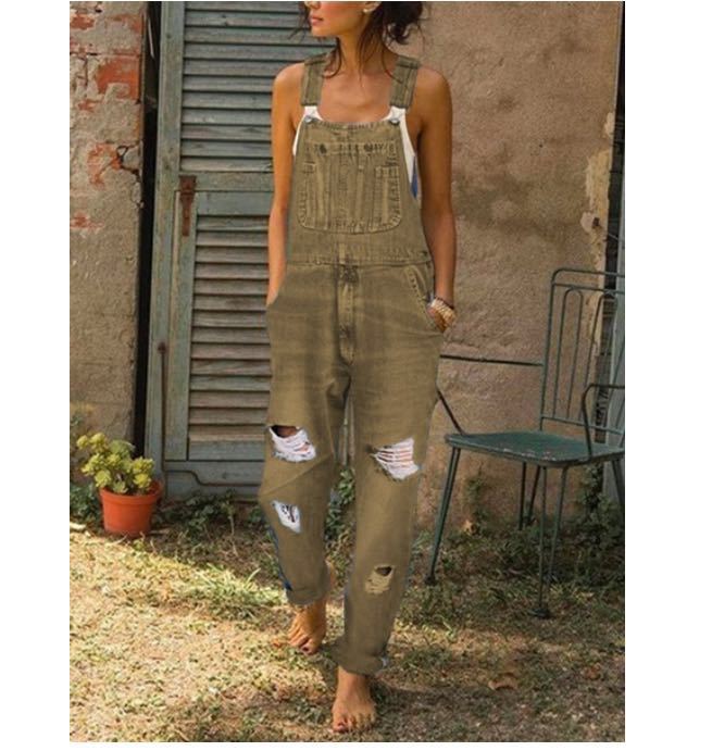 Jumpsuit Women's Fashion Denim Ripped Hole Cut Solid Color Overalls