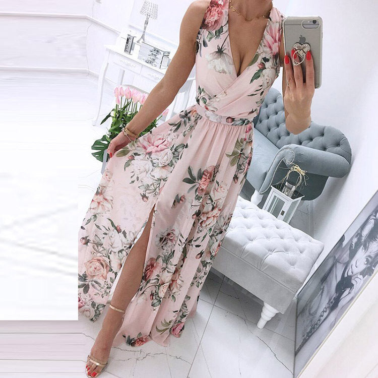 Sleeveless V-Neck Printed Long Skirt Split Gown