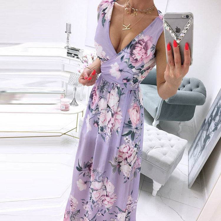 Sleeveless V-Neck Printed Long Skirt Split Gown