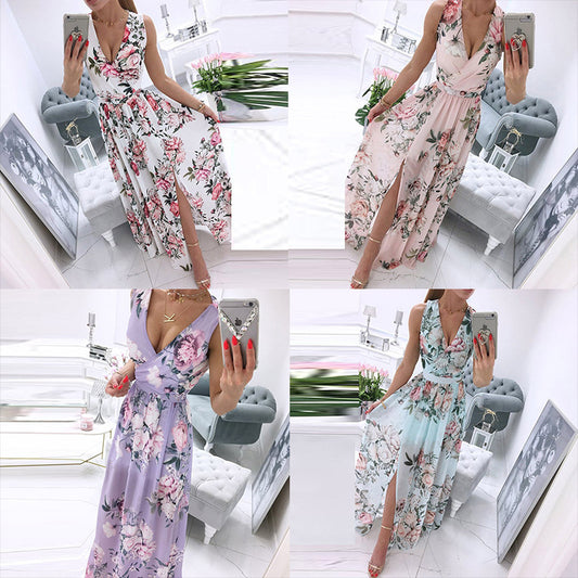 Sleeveless V-Neck Printed Long Skirt Split Gown