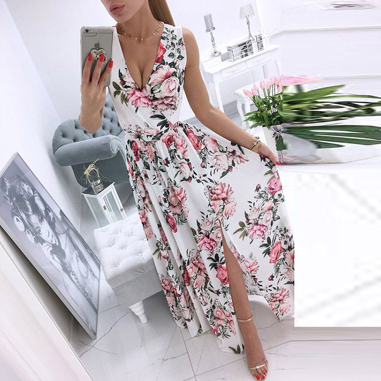 Sleeveless V-Neck Printed Long Skirt Split Gown