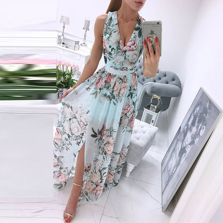 Sleeveless V-Neck Printed Long Skirt Split Gown