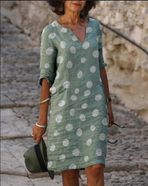 New Women's V-Neck Linen Dress with Dot Print