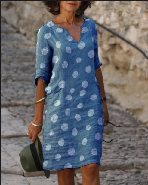 New Women's V-Neck Linen Dress with Dot Print