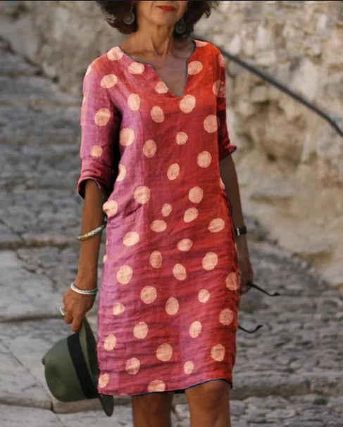 New Women's V-Neck Linen Dress with Dot Print