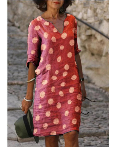 New Women's V-Neck Linen Dress with Dot Print