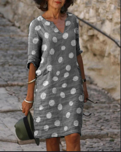 New Women's V-Neck Linen Dress with Dot Print