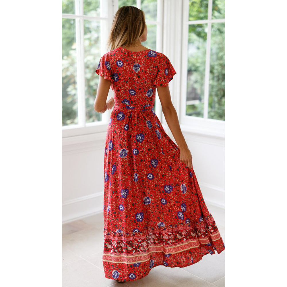 V-Neck Print Long Dress Skirt - European and American Style