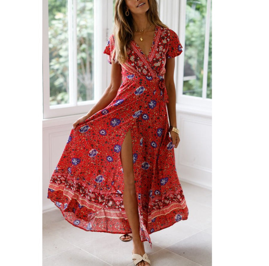 V-Neck Print Long Dress Skirt - European and American Style