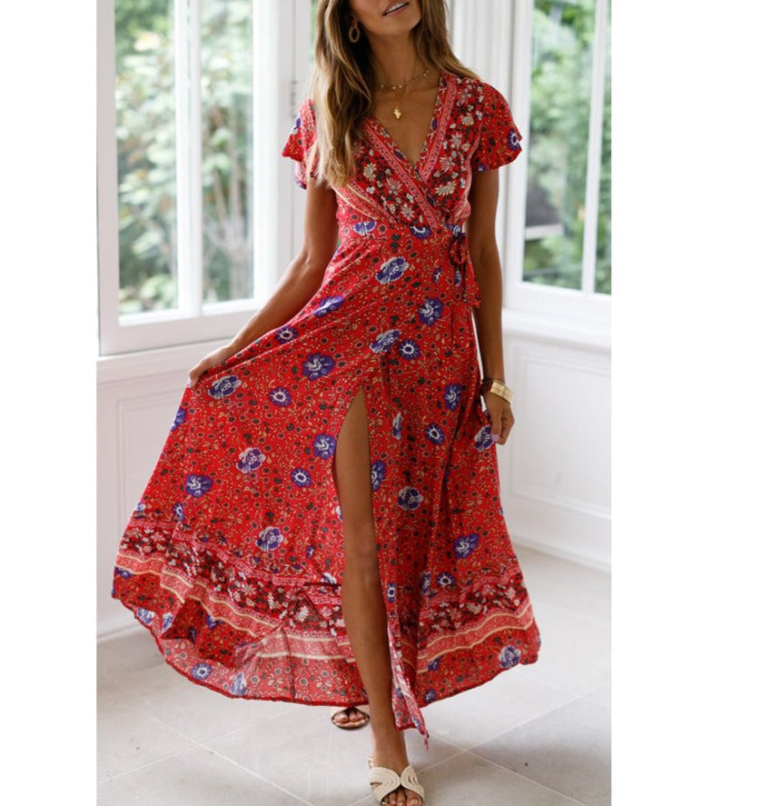 V-Neck Print Long Dress Skirt - European and American Style