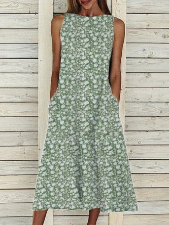 Sleeveless Strap Dress with Round Neck, Floral Print, and Pocket