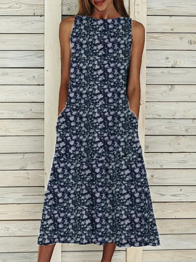 Sleeveless Strap Dress with Round Neck, Floral Print, and Pocket