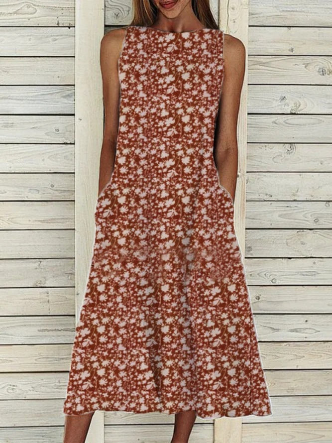 Sleeveless Strap Dress with Round Neck, Floral Print, and Pocket