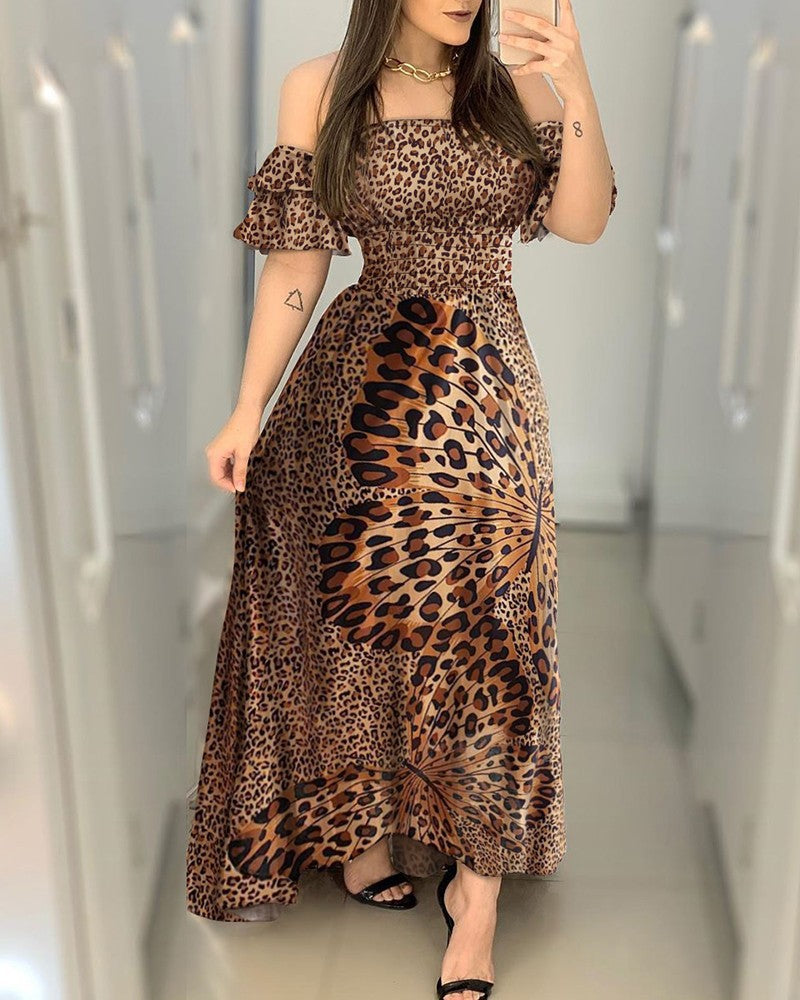 Leopard V-Neck Long Sleeve Leopard Dress For Women