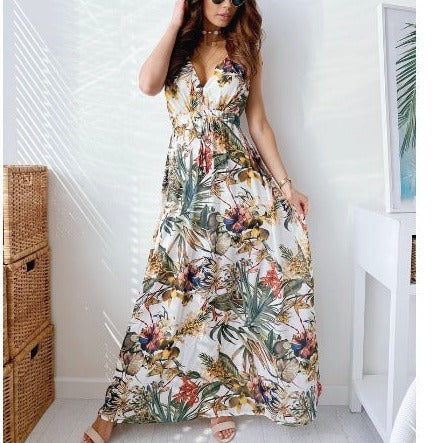 Vintage Print Lace Halter Dress Elegant V-Neck Halter Sleeveless Evening Dress Ladies Sexy Slim Elastic Waist Dress