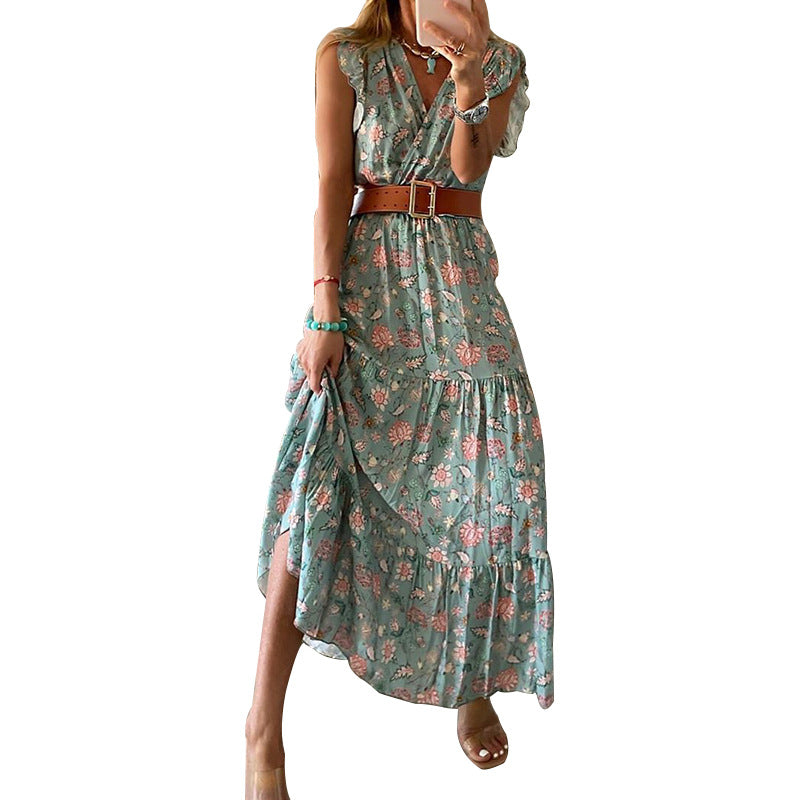 V-Neck Print Dress with Skirt for Women