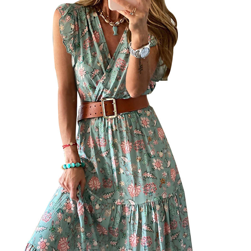 V-Neck Print Dress with Skirt for Women