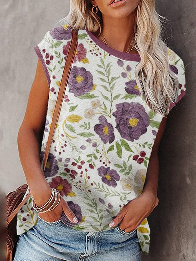 Summer V-Neck Sleeveless T-Shirt for Plus Size Women with Pullover Design and Print
