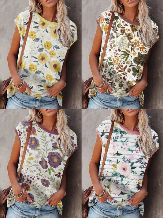 Summer V-Neck Sleeveless T-Shirt for Plus Size Women with Pullover Design and Print