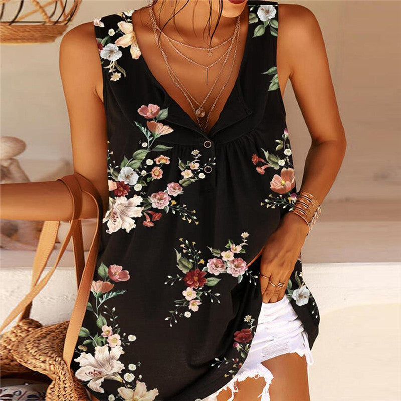 V-Neck Sleeveless Vest Blouse for Women with Printed Design and Button Detail