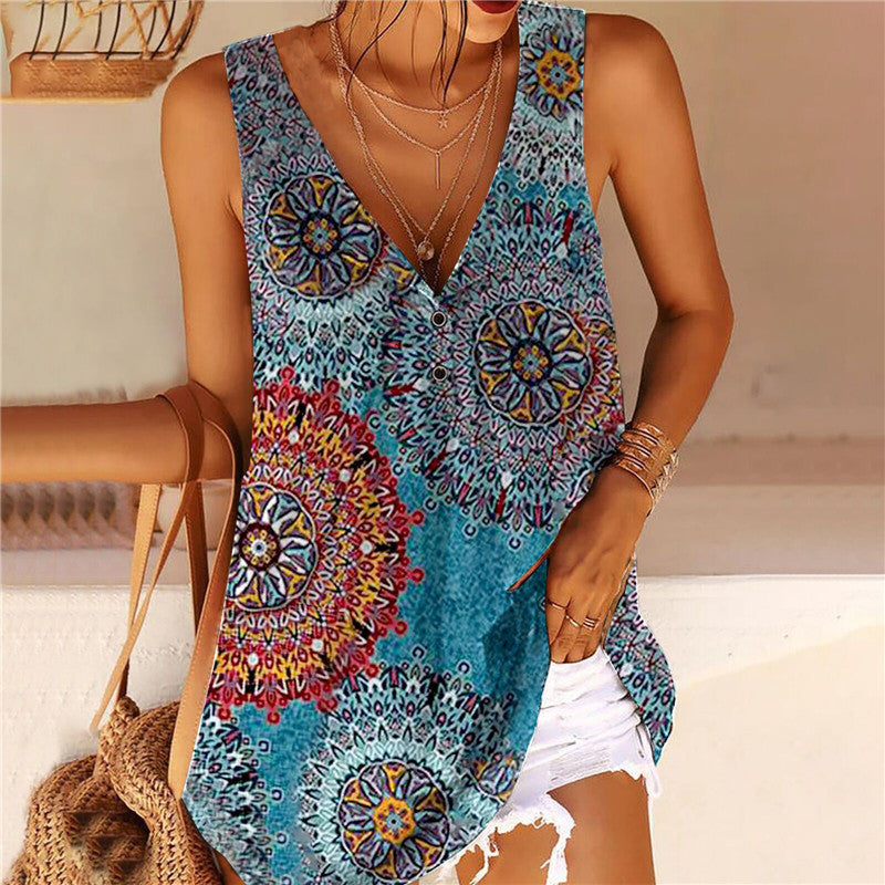 V-Neck Sleeveless Vest Blouse for Women with Printed Design and Button Detail