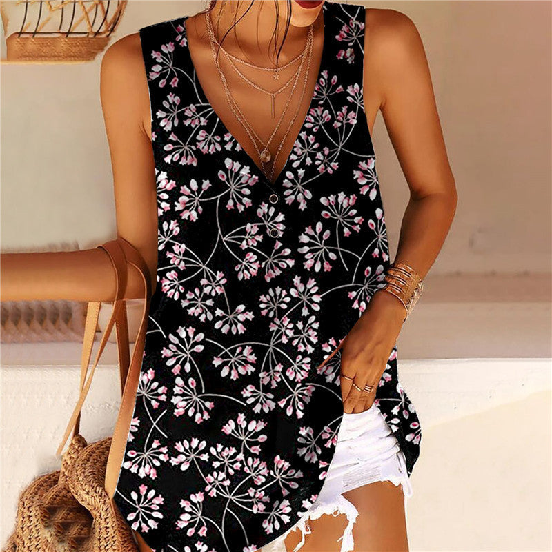 V-Neck Sleeveless Vest Blouse for Women with Printed Design and Button Detail