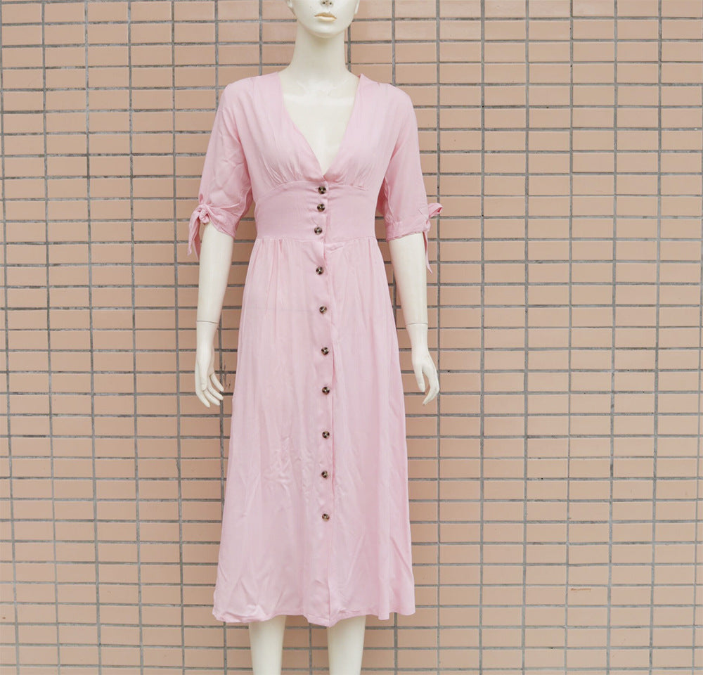 New Arrival Big Swing Dress for Women with Mid-Sleeve Tie and V-Neck