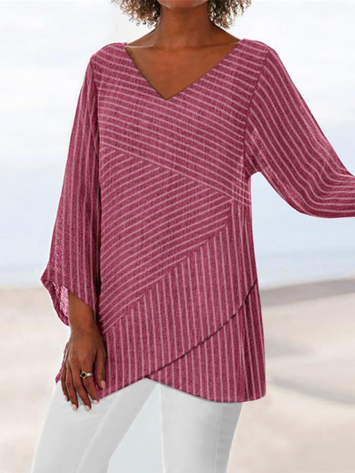 V-neck striped irregular long-sleeved shirt