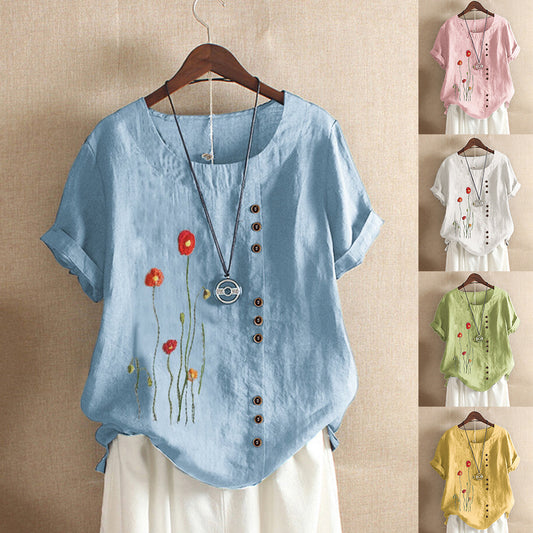 Round Neck Pullover Embroidered Short-Sleeved T-Shirt