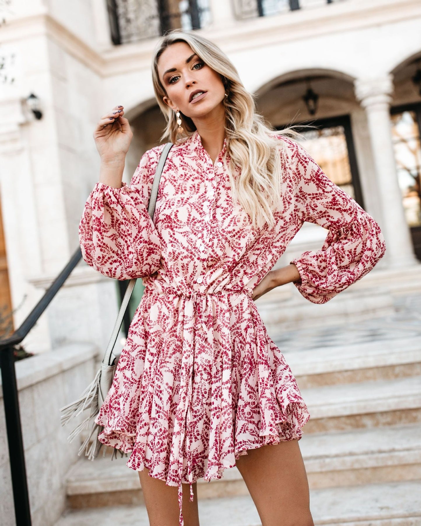 Printed Suit Collar Tie Button Dress