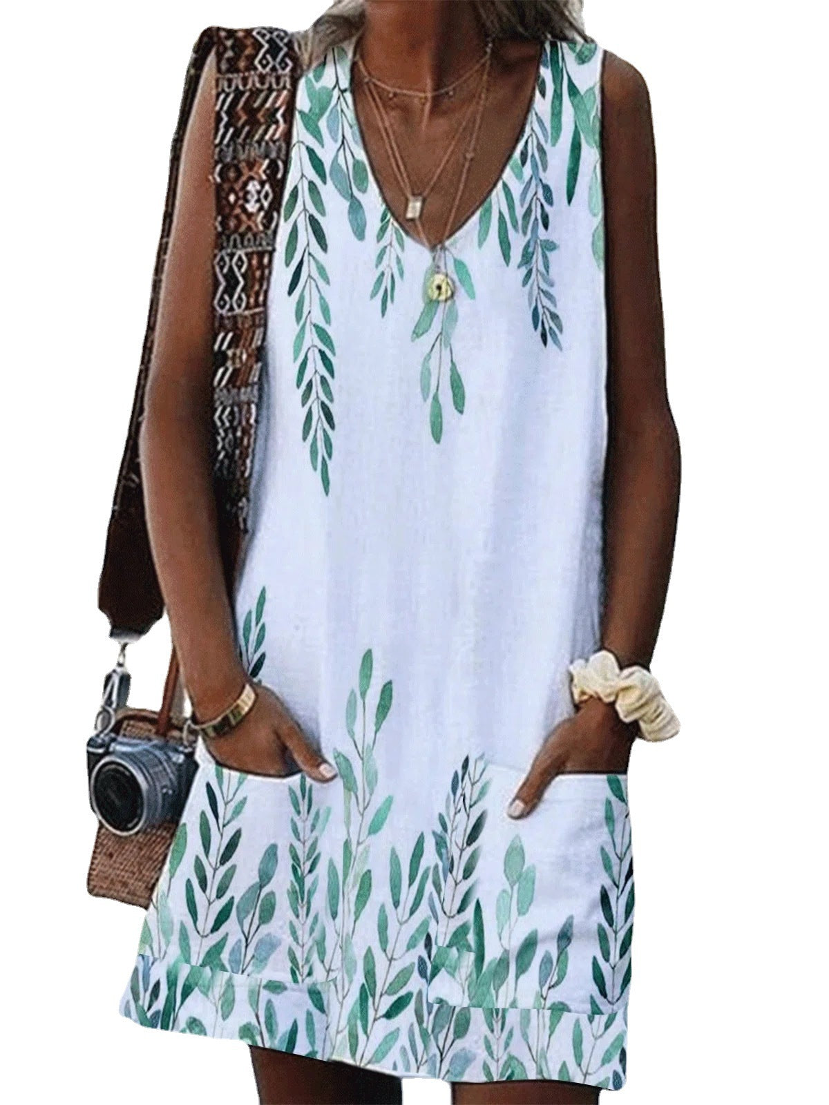 Sleeveless Leaf Print Dress with a V-Neck