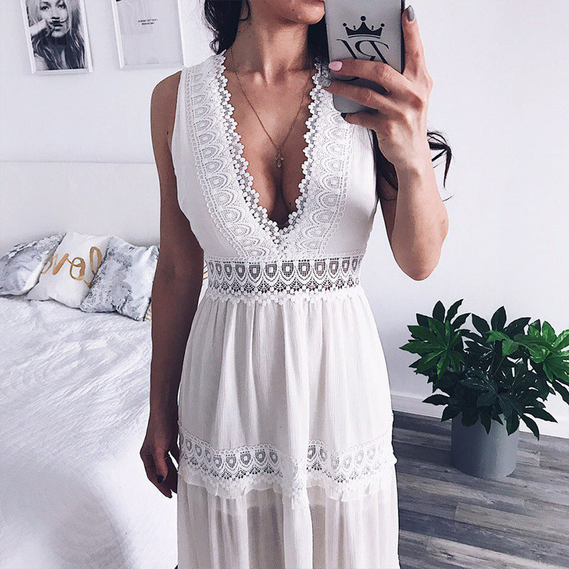 V-neck Lace Holiday Sleeveless Chiffon Dress