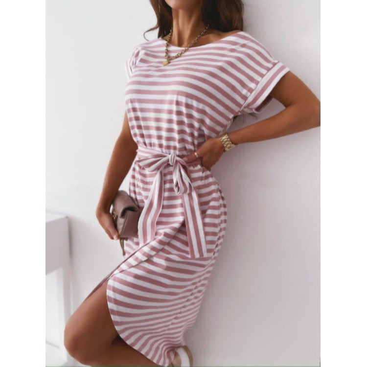 New Style Short Sleeved Round Neck Striped Dress Lace Up Waist Women's Skirt